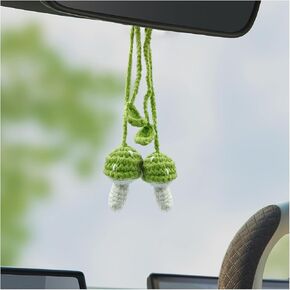 2PCS Crochet Mushroom Car Accessories, Cute Car Mirror Hanging Charm, Automotive Interior Aesthetic Decoration Pendant, Rear View Mirror Accessories for Women (Red)