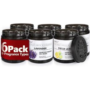 6 Pack Odor Eliminator Gel Beads, 6 kinds of fragrance Clear Air Freshener Made with Essential Oils - Eliminates Odors in Bathrooms, Cars, Boats, RVs & Pet Areas
