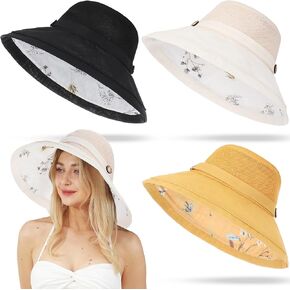 3 Pcs Women Mesh Sun Hats Sun Protection Bucket Caps Packable Wide Brim Chin Strap Lightweight Hat for Summer Outdoor, Black, Beige, Yellow