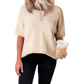 Dokotoo Womens Sweaters Casual Crewneck Short Sleeve Lightweight Knit Trendy Pullover Sweater Tops Spring Summer Outfits