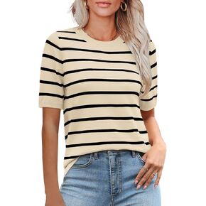 Elesomo Womens Sweater Short Sleeve Striped Color Block Business Casual Tops Outfits