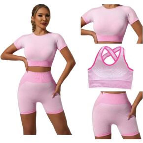 Women's Seamless Fitness Clothing Set: Gym Outfit with Crop Top Shirt, Sports Bra, & High-Waisted Shorts –3 Piece Workout Set