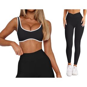 LASLULU Womens 2 Piece Outifits Black Sports Bra + Black Yoga Leggings-Size of Medium