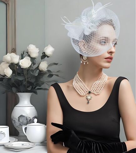 Dodheah Women's Fascinators Tea Party Hat Feathers Veil Flower Headband for Derby Cocktail Party Wedding Church Headwear in Saudi Arabia
