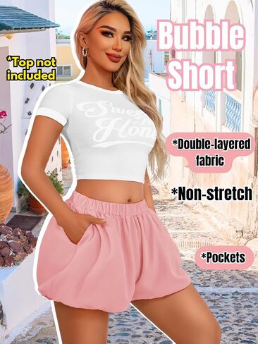 Mini Bubble Shorts with Pockets, High Waisted Wide Leg, Loose Fit Casual Comfy, Ruffle Bloomers for Women in Saudi Arabia