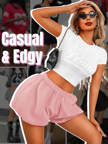 Mini Bubble Shorts with Pockets, High Waisted Wide Leg, Loose Fit Casual Comfy, Ruffle Bloomers for Women in Saudi Arabia