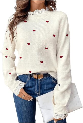 GORGLITTER Women's Heart Lace Spring Pullover Sweater 2025 Embellished Long Sleeve Cute Knitwear Sweater Jumper in Kuwait