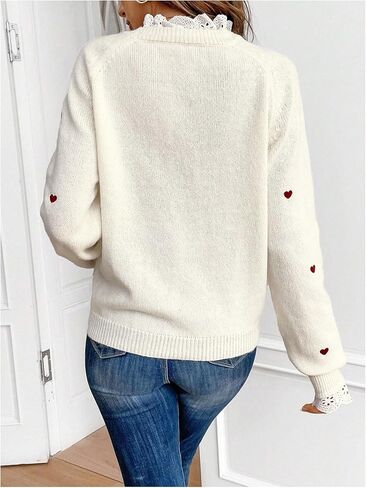 GORGLITTER Women's Heart Lace Spring Pullover Sweater 2025 Embellished Long Sleeve Cute Knitwear Sweater Jumper in Kuwait