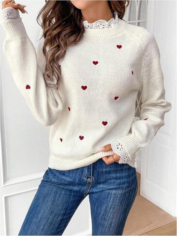 GORGLITTER Women's Heart Lace Spring Pullover Sweater 2025 Embellished Long Sleeve Cute Knitwear Sweater Jumper in Kuwait