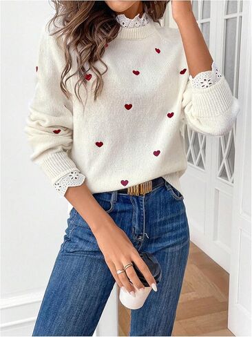 GORGLITTER Women's Heart Lace Spring Pullover Sweater 2025 Embellished Long Sleeve Cute Knitwear Sweater Jumper in Kuwait