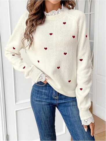 GORGLITTER Women's Heart Lace Spring Pullover Sweater 2025 Embellished Long Sleeve Cute Knitwear Sweater Jumper in Kuwait