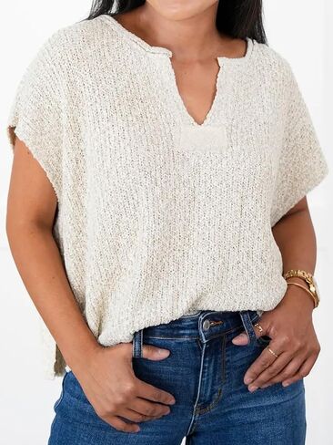 Womens Cap Sleeve Tops Spring Fall Casual V Neck Loose Fit Knit Lightweight Sweater Pullover Top in Saudi Arabia