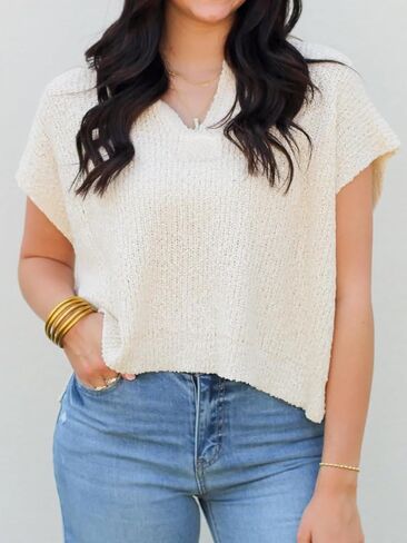 Womens Cap Sleeve Tops Spring Fall Casual V Neck Loose Fit Knit Lightweight Sweater Pullover Top in Saudi Arabia