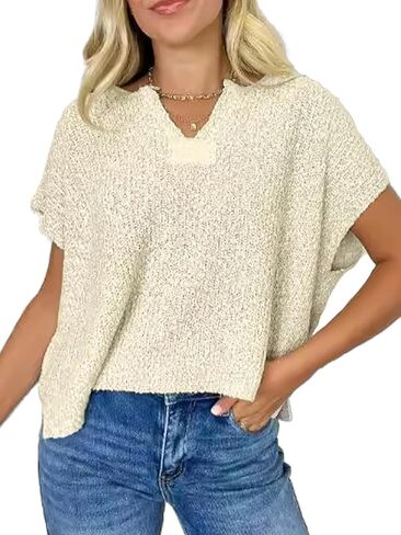 Womens Cap Sleeve Tops Spring Fall Casual V Neck Loose Fit Knit Lightweight Sweater Pullover Top in Saudi Arabia