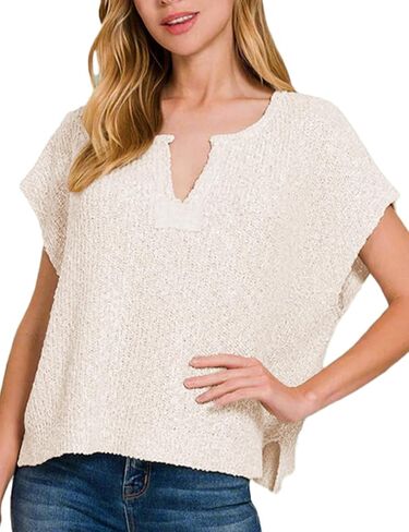 Womens Cap Sleeve Tops Spring Fall Casual V Neck Loose Fit Knit Lightweight Sweater Pullover Top in Saudi Arabia