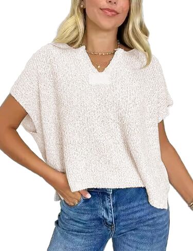 Womens Cap Sleeve Tops Spring Fall Casual V Neck Loose Fit Knit Lightweight Sweater Pullover Top in Saudi Arabia