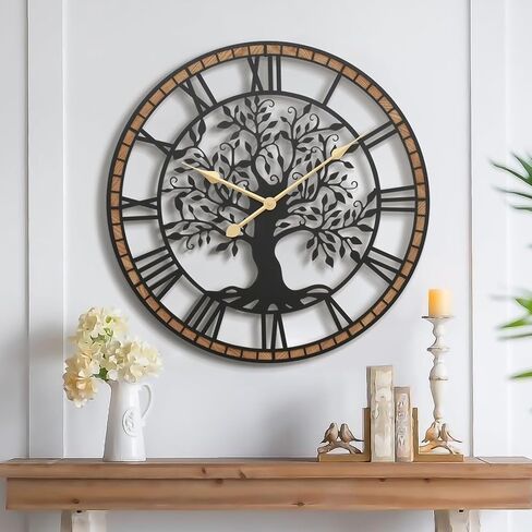 Micasso 24 in Large Tree of Life Wall Clock, Metal Black Modern Wall Clock with Solid Wood Frame, Oversized Non-Ticking Battery Operated Silent Clock for Office,Living Room,Kitchen. in Kuwait