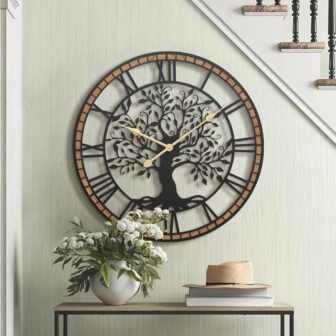 Micasso 24 in Large Tree of Life Wall Clock, Metal Black Modern Wall Clock with Solid Wood Frame, Oversized Non-Ticking Battery Operated Silent Clock for Office,Living Room,Kitchen. in Kuwait