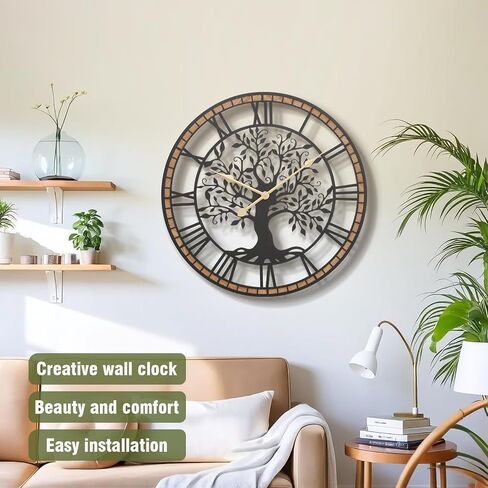 Micasso 24 in Large Tree of Life Wall Clock, Metal Black Modern Wall Clock with Solid Wood Frame, Oversized Non-Ticking Battery Operated Silent Clock for Office,Living Room,Kitchen. in Kuwait