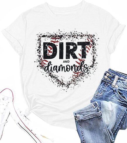 Baseball Mom Shirts for Women Softball Game Day T-Shirt Dirt and Diamonds Shirt Bleached Tee Funny Letter Print Tops in Kuwait