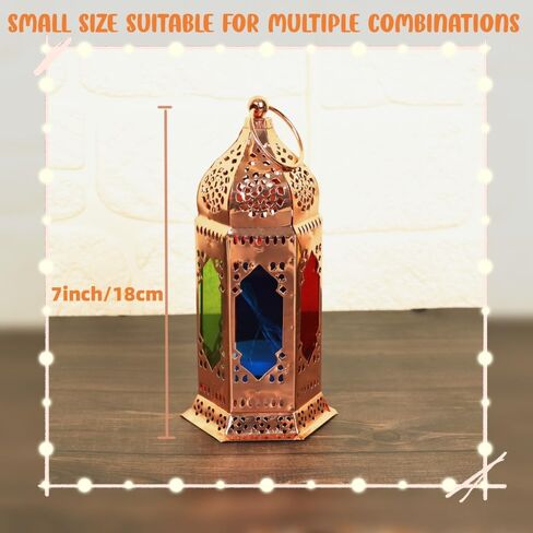 2 عبوة على الطراز المغربي LED شمعة الفوانيس التي تعمل بالطاقة ، مصباح شموع صغير ، مع ألواح زجاجية شفافة ، 7 بوصات معلقة داخليًا لمصباح معدني زخرفي رمضان （الذهب الوردي） in Kuwait