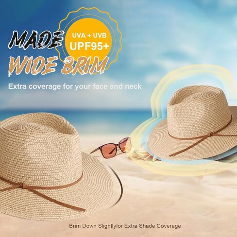 القبعات الصيفية قش شمس للنساء واسعة الحافة UV UPF 80+ بنما فيدورا بيتش قبعة مع الرياح حبل in Kuwait