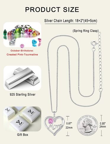 YL Mother's Day Gift Heart Necklace for Mom 925 Sterling Silver Love Heart Pendant Birthstones Jewelry for Women in Saudi Arabia