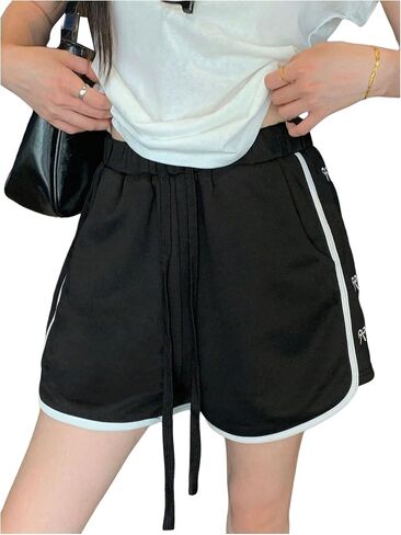 SweatyRocks Women's Bow Embroidery Shorts Drawstring Waist Straight Leg Casual Loose Shorts in Saudi Arabia