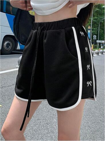 SweatyRocks Women's Bow Embroidery Shorts Drawstring Waist Straight Leg Casual Loose Shorts in Saudi Arabia