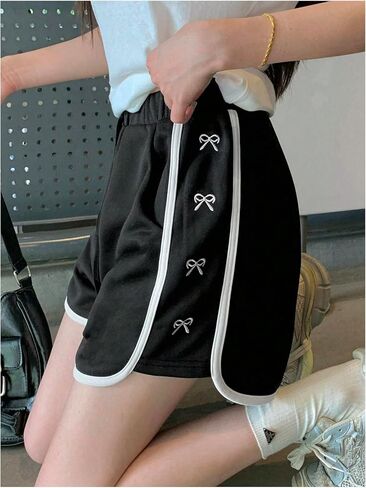 SweatyRocks Women's Bow Embroidery Shorts Drawstring Waist Straight Leg Casual Loose Shorts in Saudi Arabia