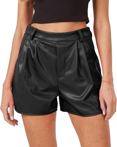 XinYangNi Faux Leather Shorts for Women Pleather Elastic High Wasited Pleated Wide Leg Side Slit with Pockets in Saudi Arabia