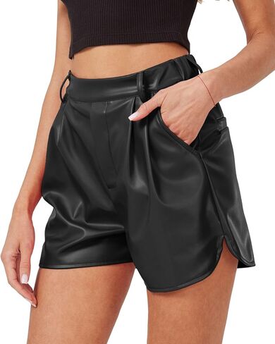 XinYangNi Faux Leather Shorts for Women Pleather Elastic High Wasited Pleated Wide Leg Side Slit with Pockets in Saudi Arabia