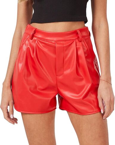 XinYangNi Faux Leather Shorts for Women Pleather Elastic High Wasited Pleated Wide Leg Side Slit with Pockets in Saudi Arabia