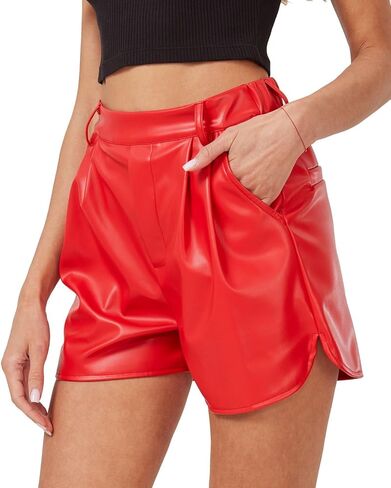 XinYangNi Faux Leather Shorts for Women Pleather Elastic High Wasited Pleated Wide Leg Side Slit with Pockets in Saudi Arabia