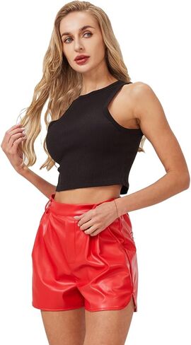 XinYangNi Faux Leather Shorts for Women Pleather Elastic High Wasited Pleated Wide Leg Side Slit with Pockets in Saudi Arabia