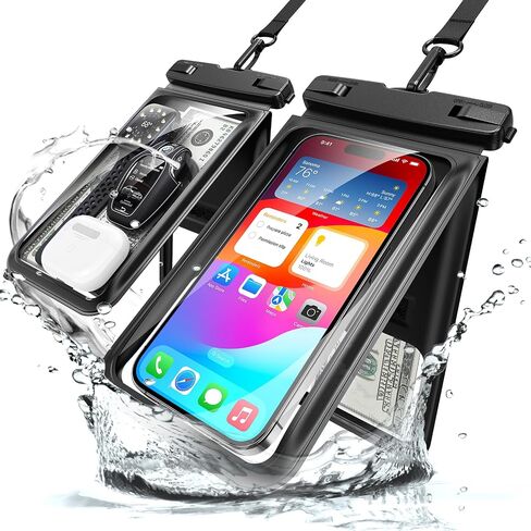 جراب هاتف مقاوم للماء (عبوتان)، BG01 IP68 حافظة هاتف عائمة مقاومة للماء لهاتف iPhone 16 Pro Max، حقيبة جافة للشاطئ، الرحلات البحرية، كاياك أسود in Saudi Arabia