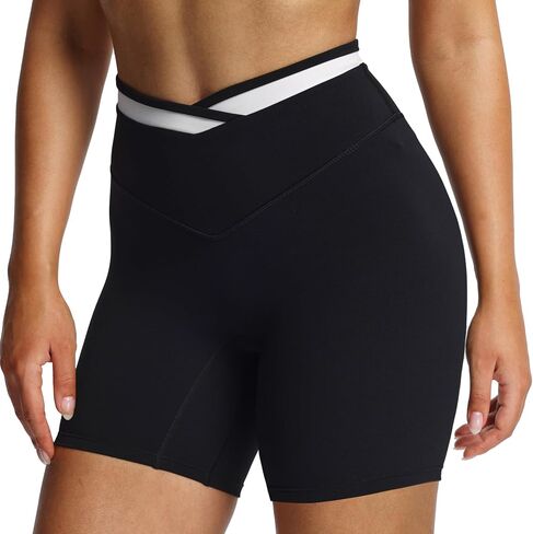 Aoxjox Velma Workout Biker Shorts for Women Color Block Cross-Waist High Waisted Exercise Gym Running Yoga Short 6" in Saudi Arabia