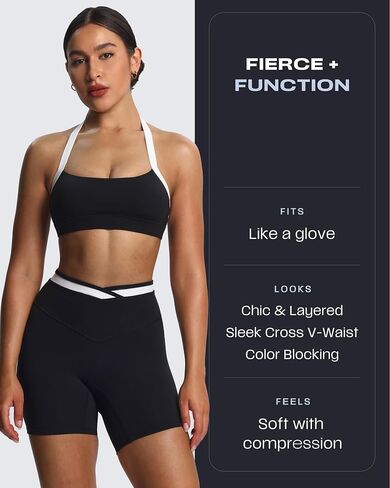 Aoxjox Velma Workout Biker Shorts for Women Color Block Cross-Waist High Waisted Exercise Gym Running Yoga Short 6" in Saudi Arabia