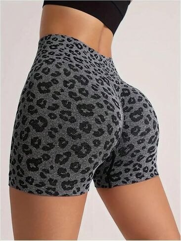 Women's Leopard Print High Waisted Sports Biker Shorts Tummy Control Stretchy Shorts in Saudi Arabia