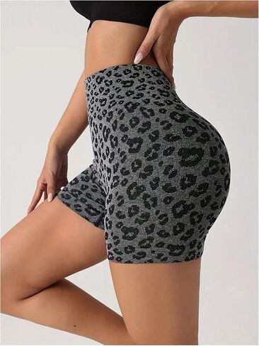 Women's Leopard Print High Waisted Sports Biker Shorts Tummy Control Stretchy Shorts in Saudi Arabia