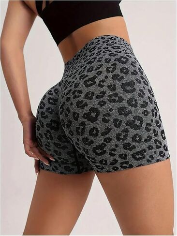 Women's Leopard Print High Waisted Sports Biker Shorts Tummy Control Stretchy Shorts in Saudi Arabia