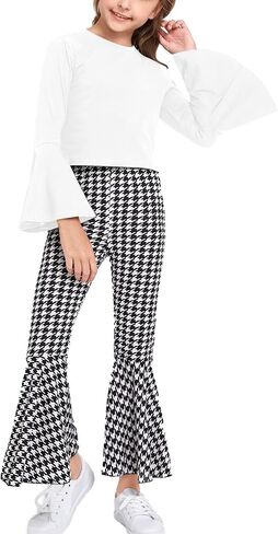 WDIRARA Girl's 2 Piece Set Ruffle Sleeve Top and Houndstooth Flare Leg Pants Set in Saudi Arabia