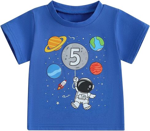 Canis 1-6 Years Birthday Boy Shirt Space Rocket Astronaut Themed T-Shirt with Moon Balloon and Planets Short Sleeve Tee in Kuwait