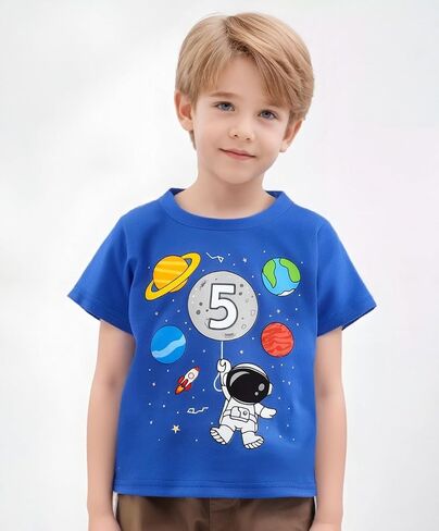Canis 1-6 Years Birthday Boy Shirt Space Rocket Astronaut Themed T-Shirt with Moon Balloon and Planets Short Sleeve Tee in Kuwait