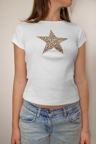 Y2K White Baby Tees for Women Cute Graphic Printed Crop Top Vintage Aesthetic Summer T Shirt for Teen Girls in Kuwait