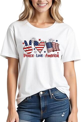4th of July Shirts Women:Premium Cotton Crewneck USA American Flag Patriotic Short Sleeved T-Shirt in Saudi Arabia