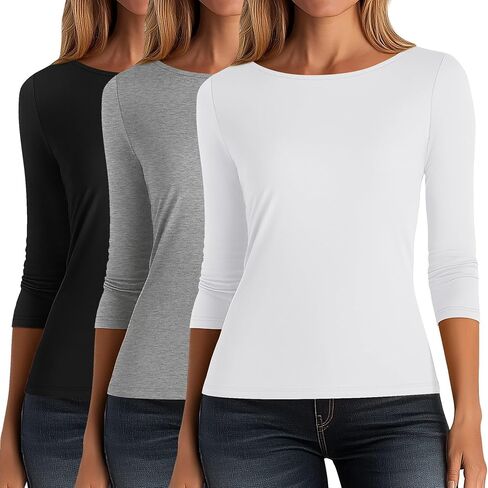 Ficerd 3 Pack Women's 3/4 Sleve Boat Neck Cotton T Tril Tlim Fit Strid in Kuwait