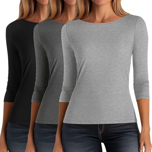 Ficerd 3 Pack Women's 3/4 Sleve Boat Neck Cotton T Tril Tlim Fit Strid in Kuwait