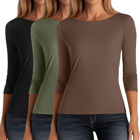 Ficerd 3 Pack Women's 3/4 Sleve Boat Neck Cotton T Tril Tlim Fit Strid in Kuwait
