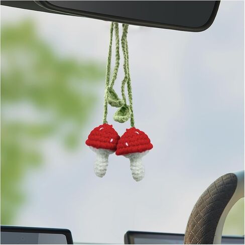 2PCS Crochet Mushroom Car Accessories, Cute Car Mirror Hanging Charm, Automotive Interior Aesthetic Decoration Pendant, Rear View Mirror Accessories for Women (Red) in Saudi Arabia